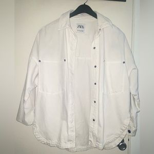 Zara Light Wash Distressed Denim Jean Button Down Shirt Oversized Long Shacket